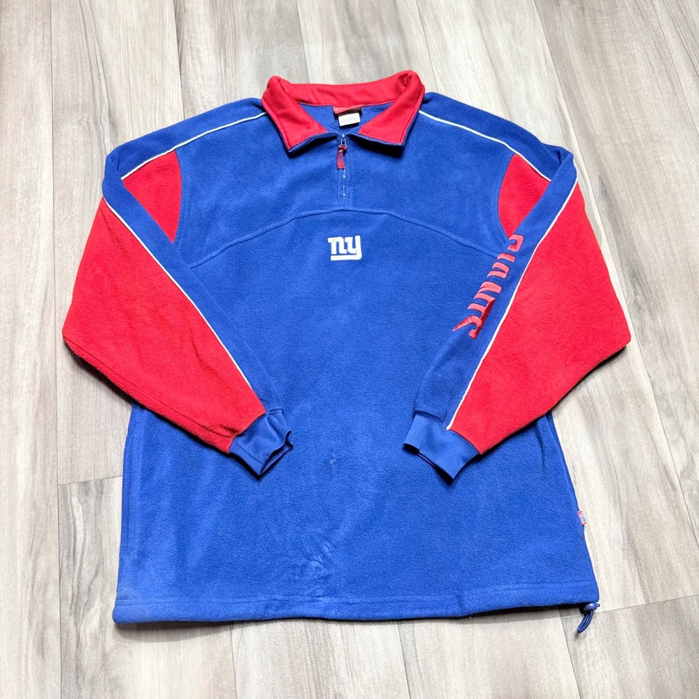 Vintage NFL New York Giants Quarter Zip Fleece Pullover Blue Red Mens Large